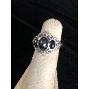 VTG Signed AVON Silver Tone HEMATITE RING 3 Stones FILIGREE SCROLL Sz Lg 1975